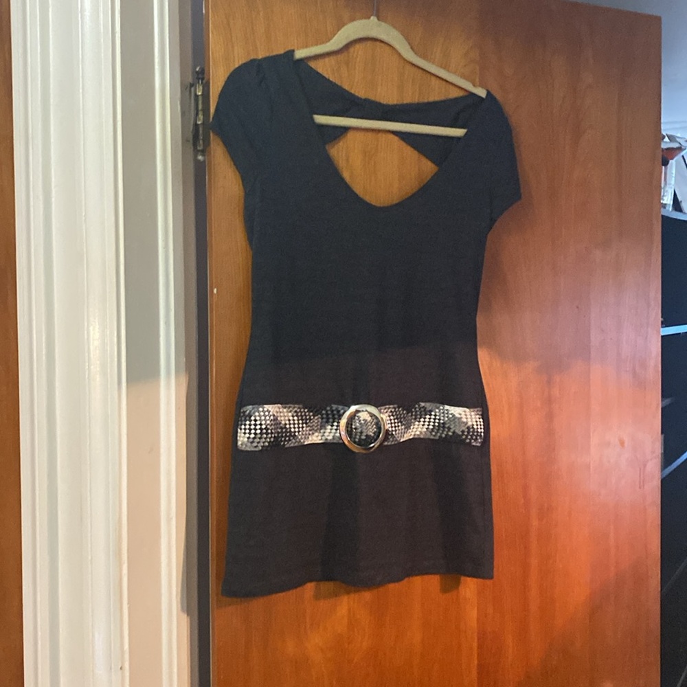 Grey knit top with cutout back & “built-in” embroidered faux belt.